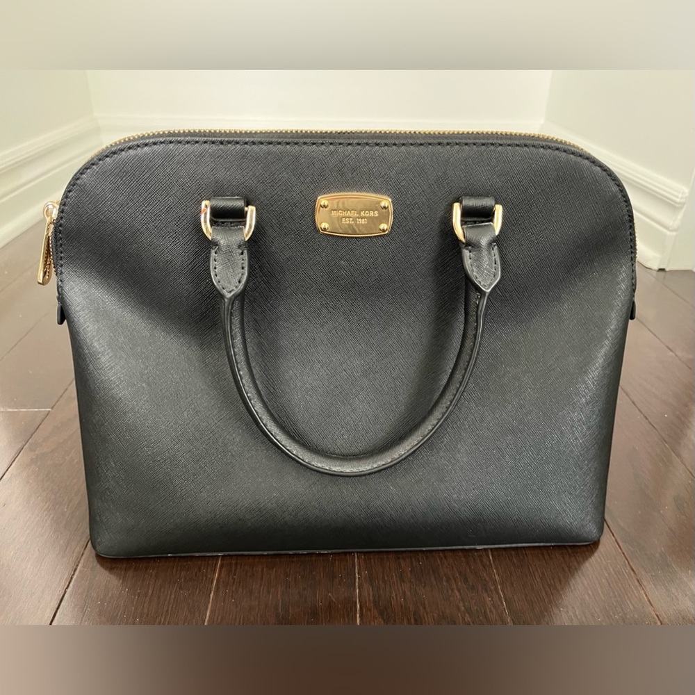 Michael Kors Black Saffiano Dome Satchel with Gold Hardware